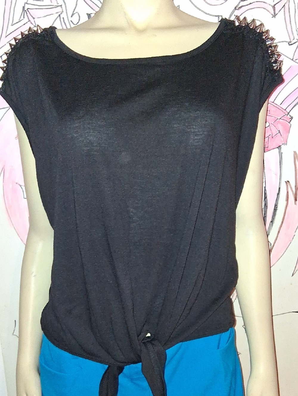 Young & Wild Black Stud-Shoulder Tie-Front Tank Top